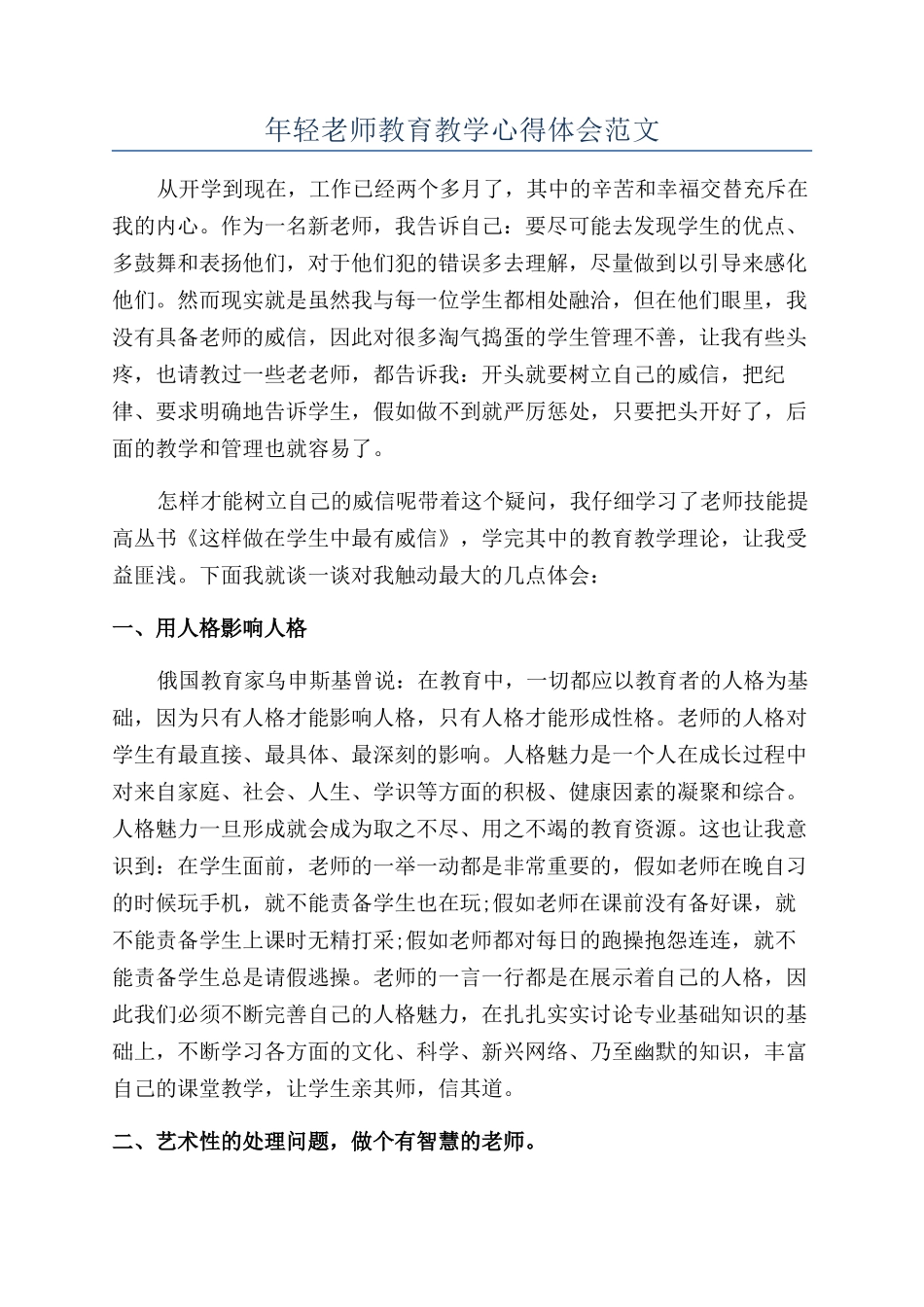 年轻教师教育教学心得体会范文_第1页