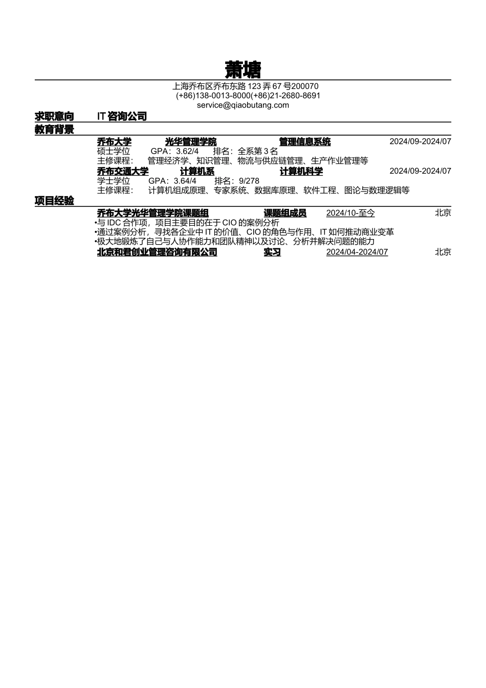应聘IT咨询公司的简历模板_第1页