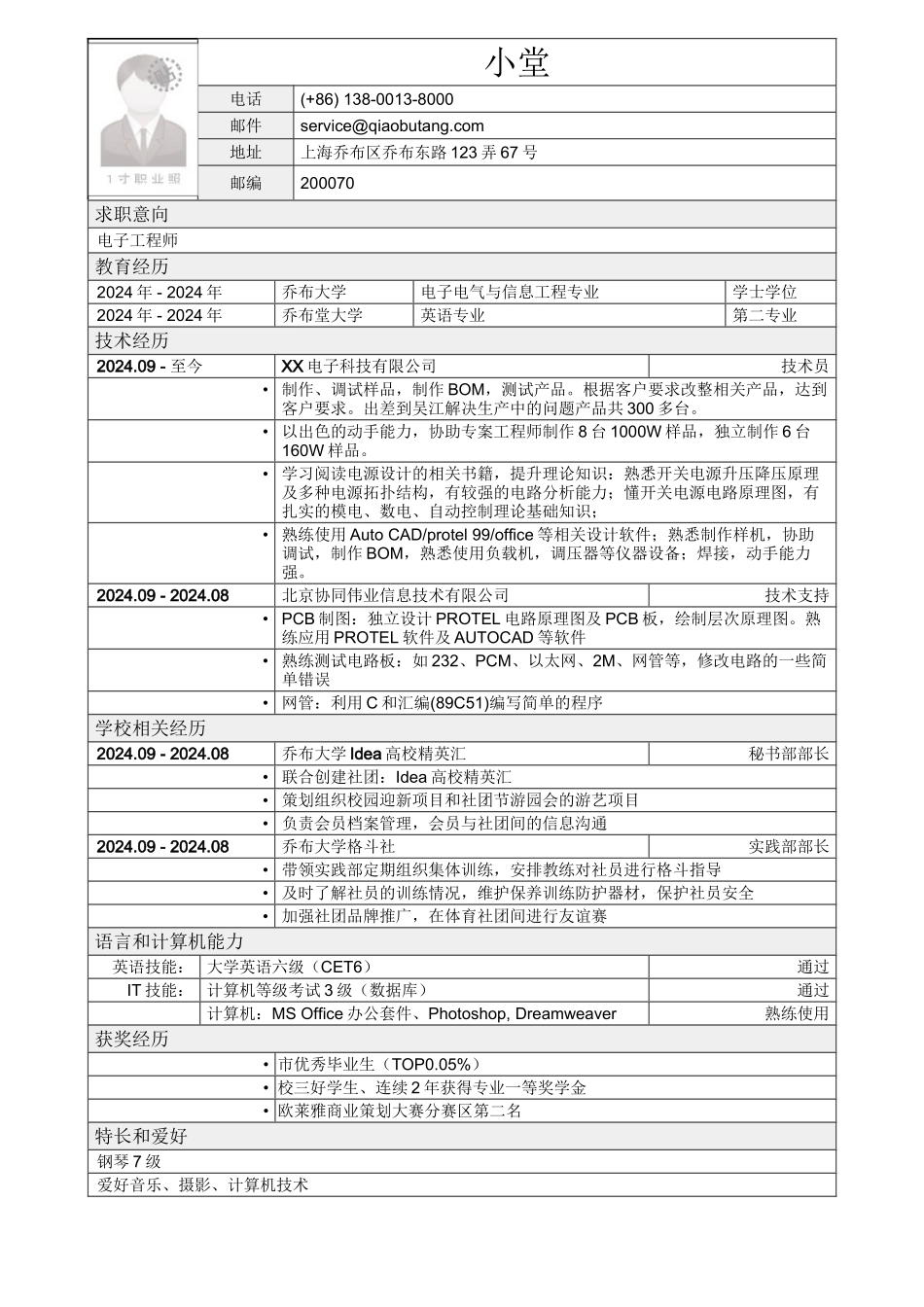 应聘电子工程师岗位简历模板_第1页