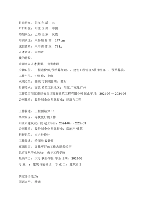 建筑装修施工技术中文简历写作