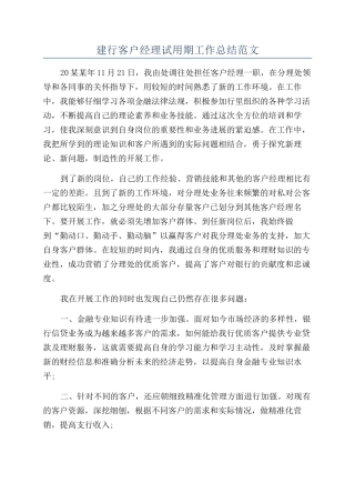 建行客户经理试用期工作总结范文