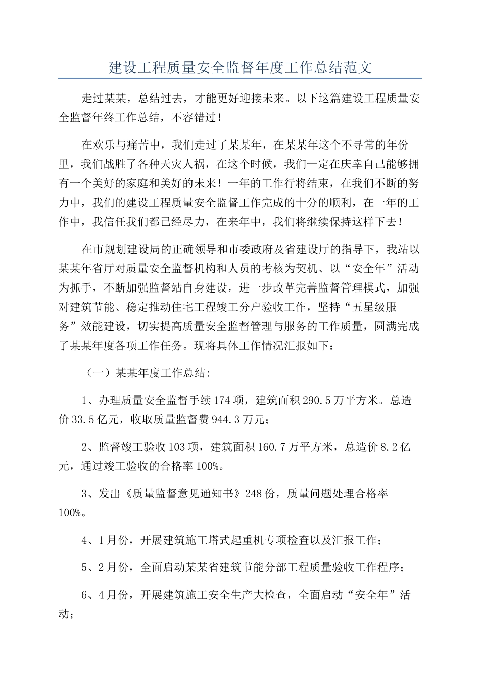 建设工程质量安全监督年度工作总结范文_第1页