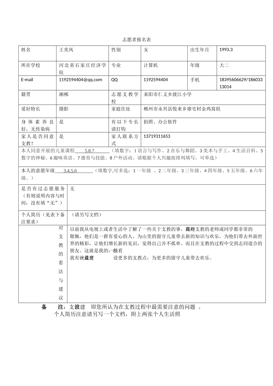 志愿者报名表王美凤_第1页