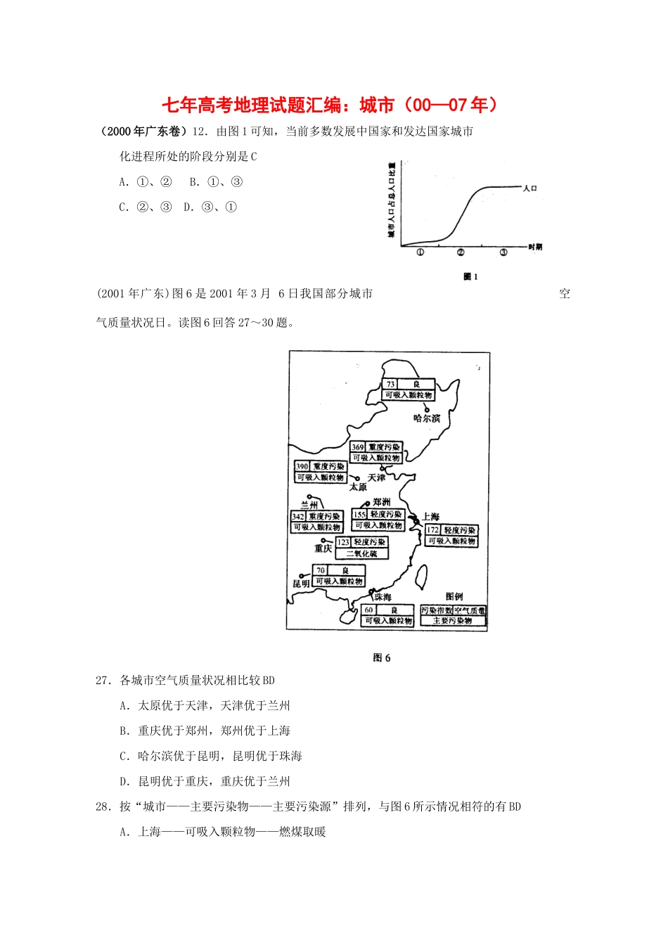 七年高考地理试题汇编：城市（00年—07年）_第1页