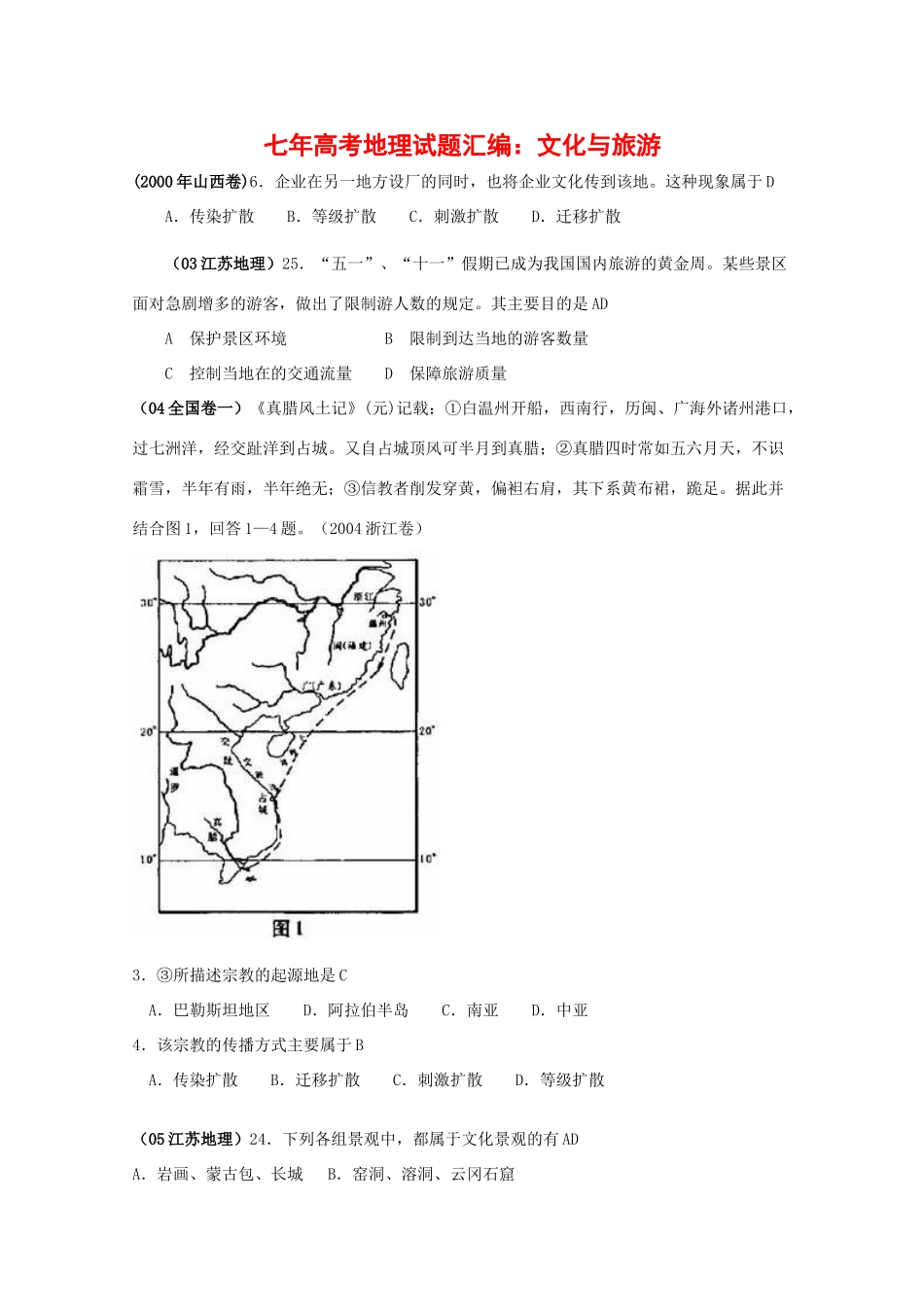 七年高考地理试题汇编：文化与旅游（00年—07年）_第1页