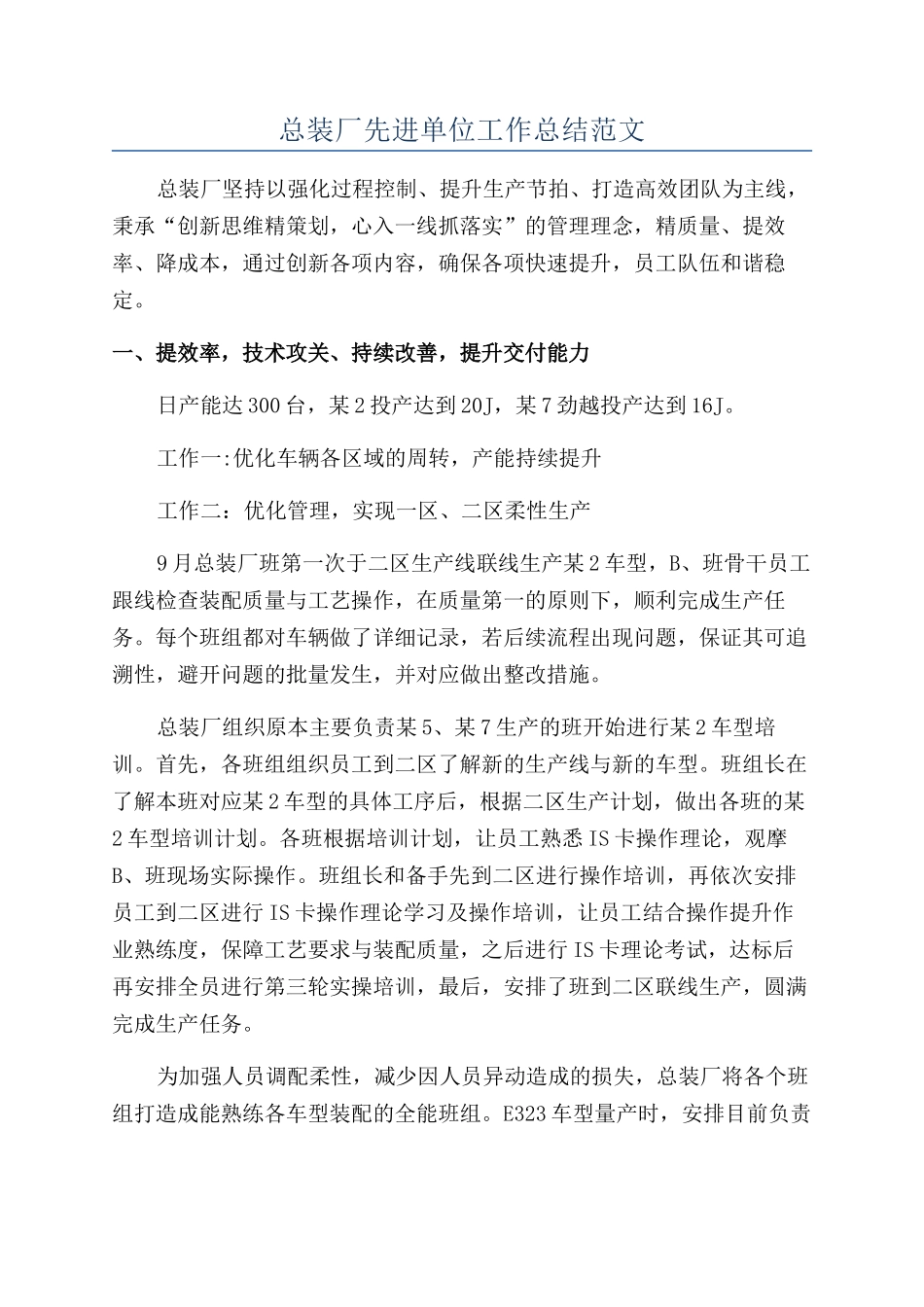 总装厂先进单位工作总结范文_第1页