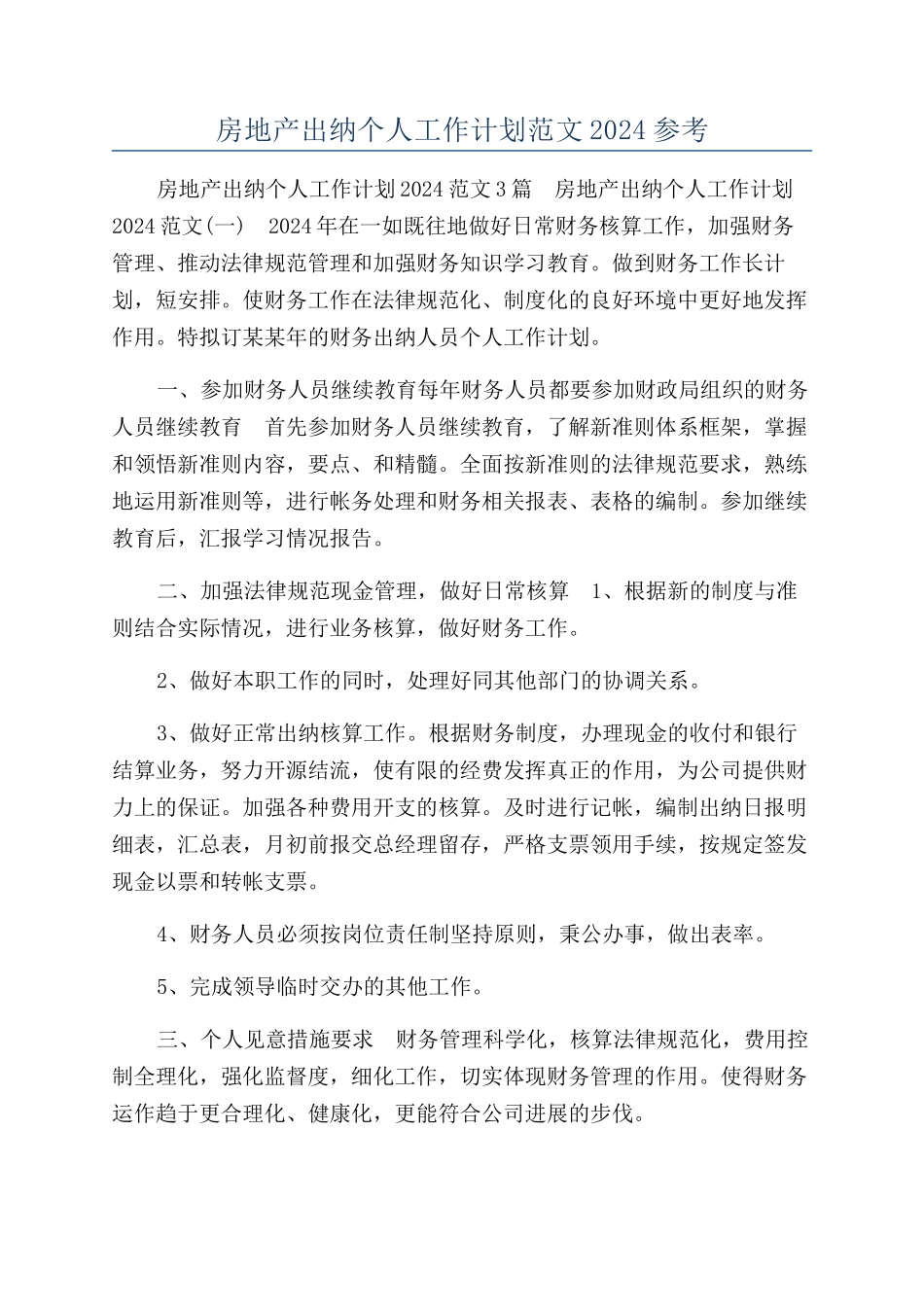 房地产出纳个人工作计划范文2024参考_第1页