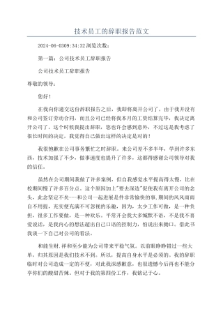 技术员工的辞职报告范文