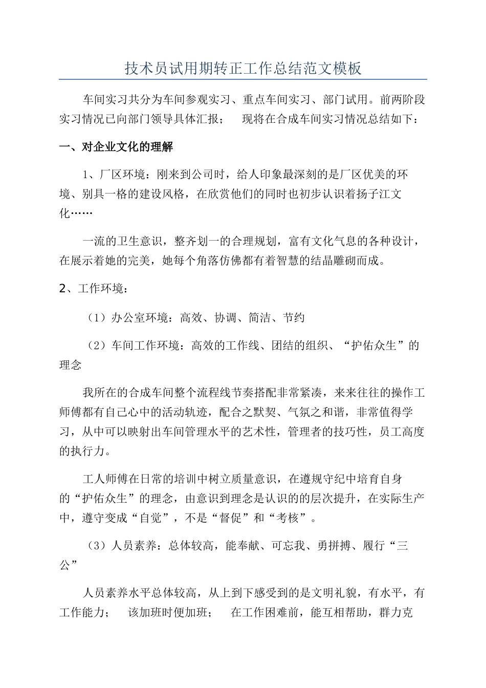 技术员试用期转正工作总结范文模板_第1页