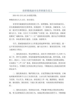 挂职锻炼副市长供职报告范文