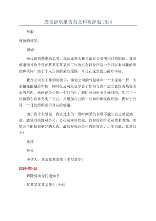 提交辞职报告范文和被辞退2024