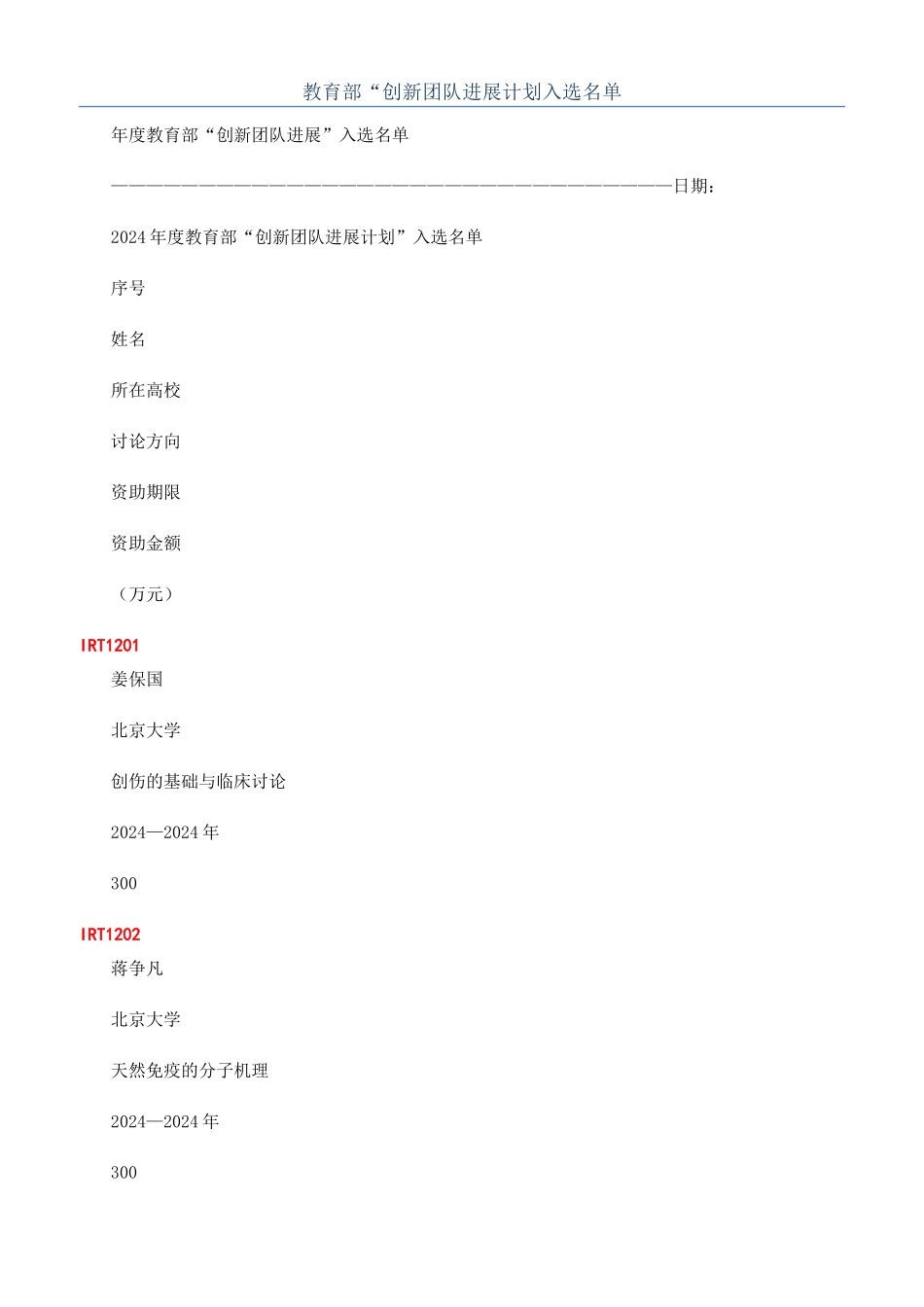 教育部“创新团队发展计划入选名单_第1页