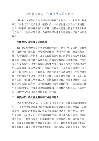 文明单位创建工作开展情况总结范文