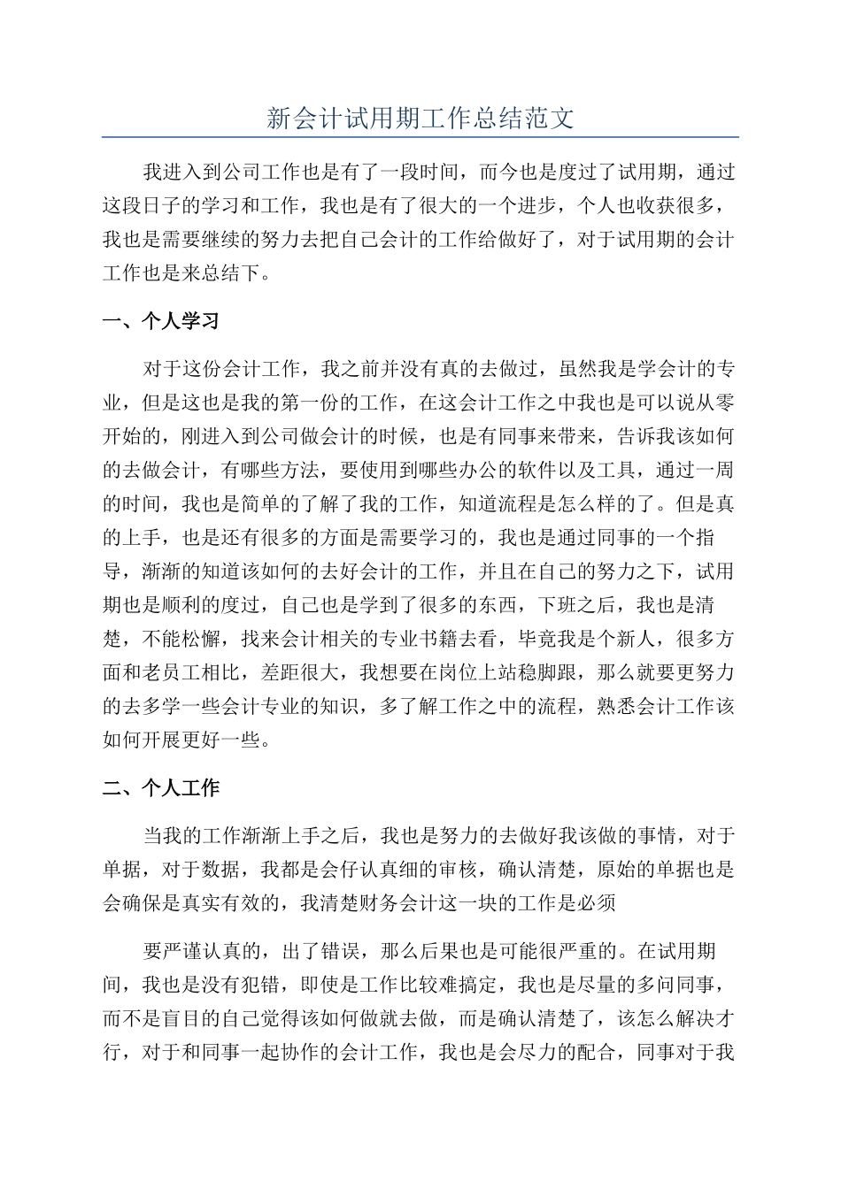 新会计试用期工作总结范文_第1页