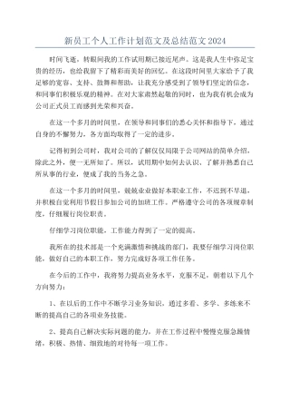 新员工个人工作计划范文及总结范文2024
