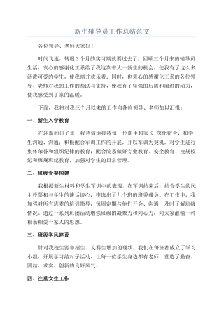 新生辅导员工作总结范文