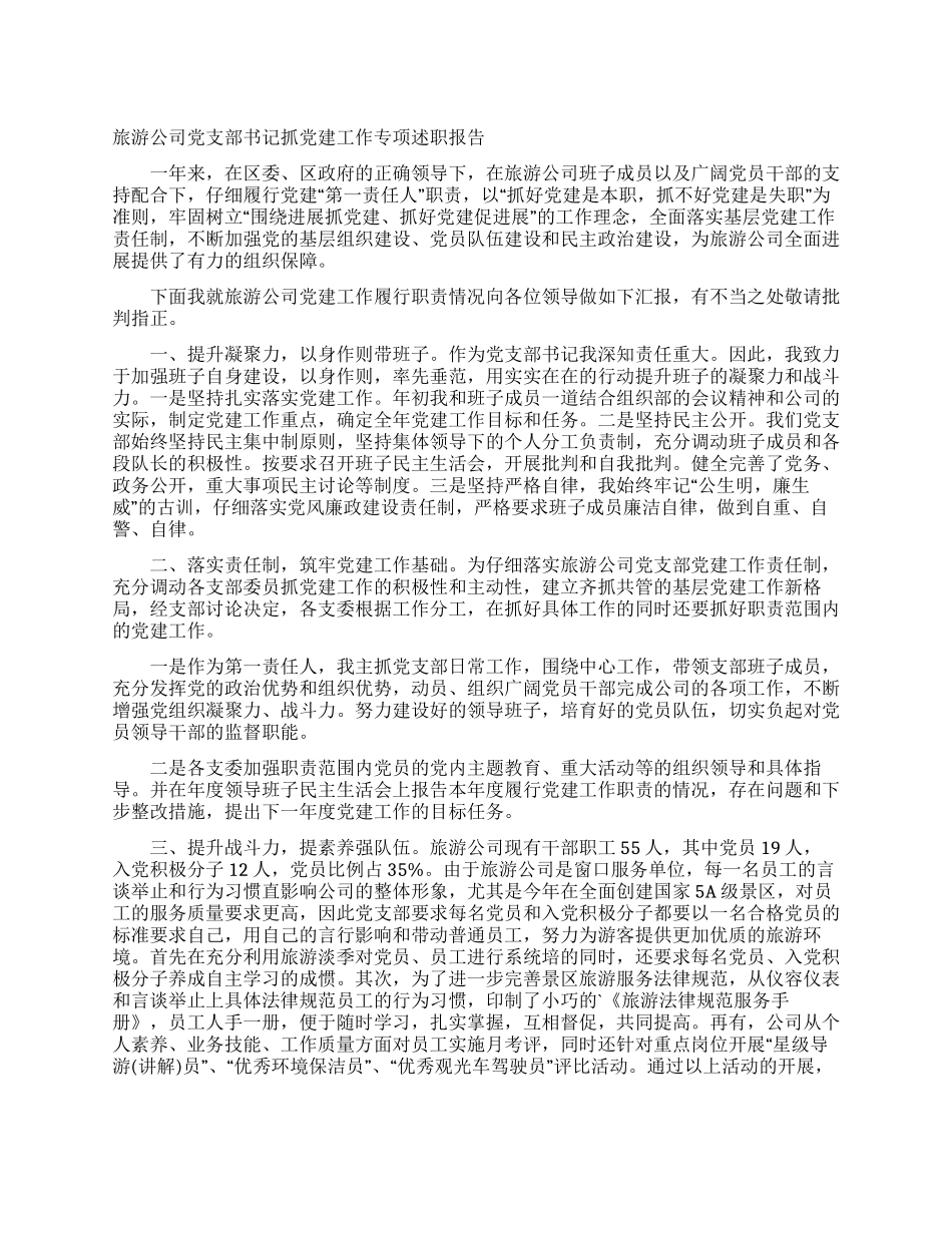 旅游公司党支部书记抓党建工作专项述职报告_第1页