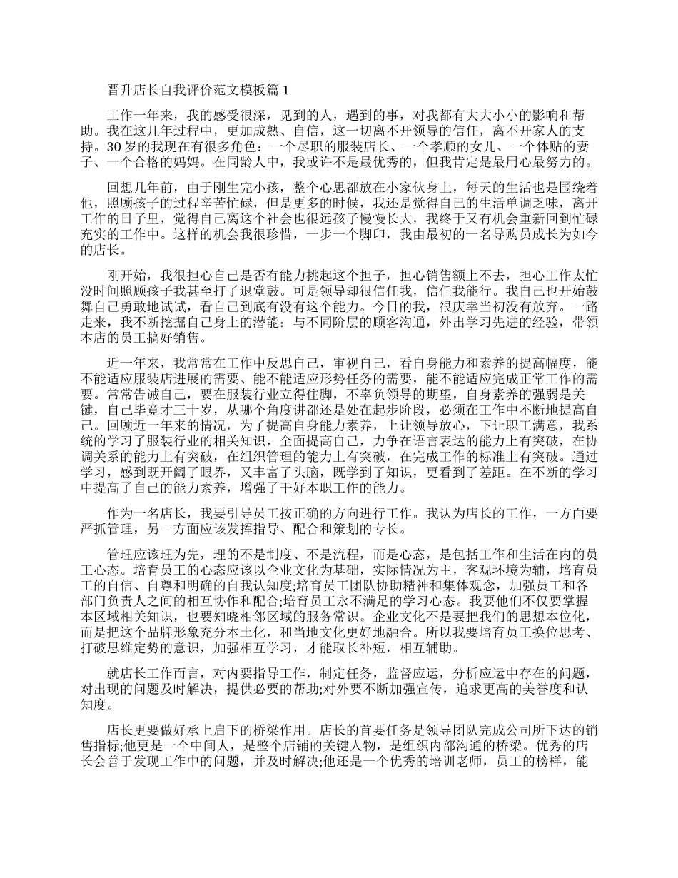 晋升店长自我评价范文模板推荐_第1页