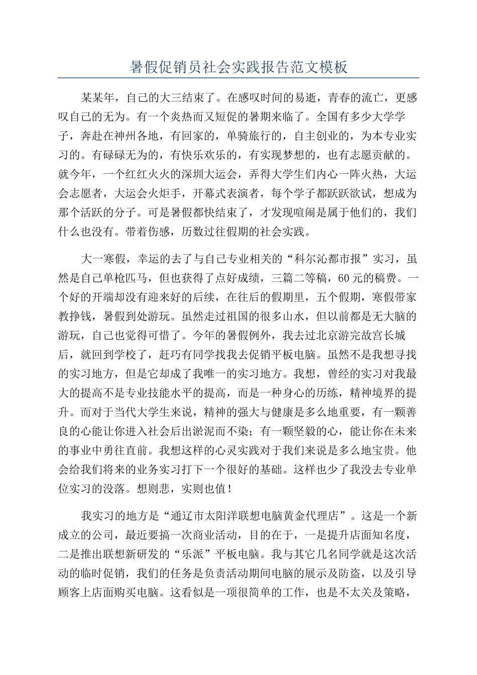 暑假促销员社会实践报告范文模板_第1页
