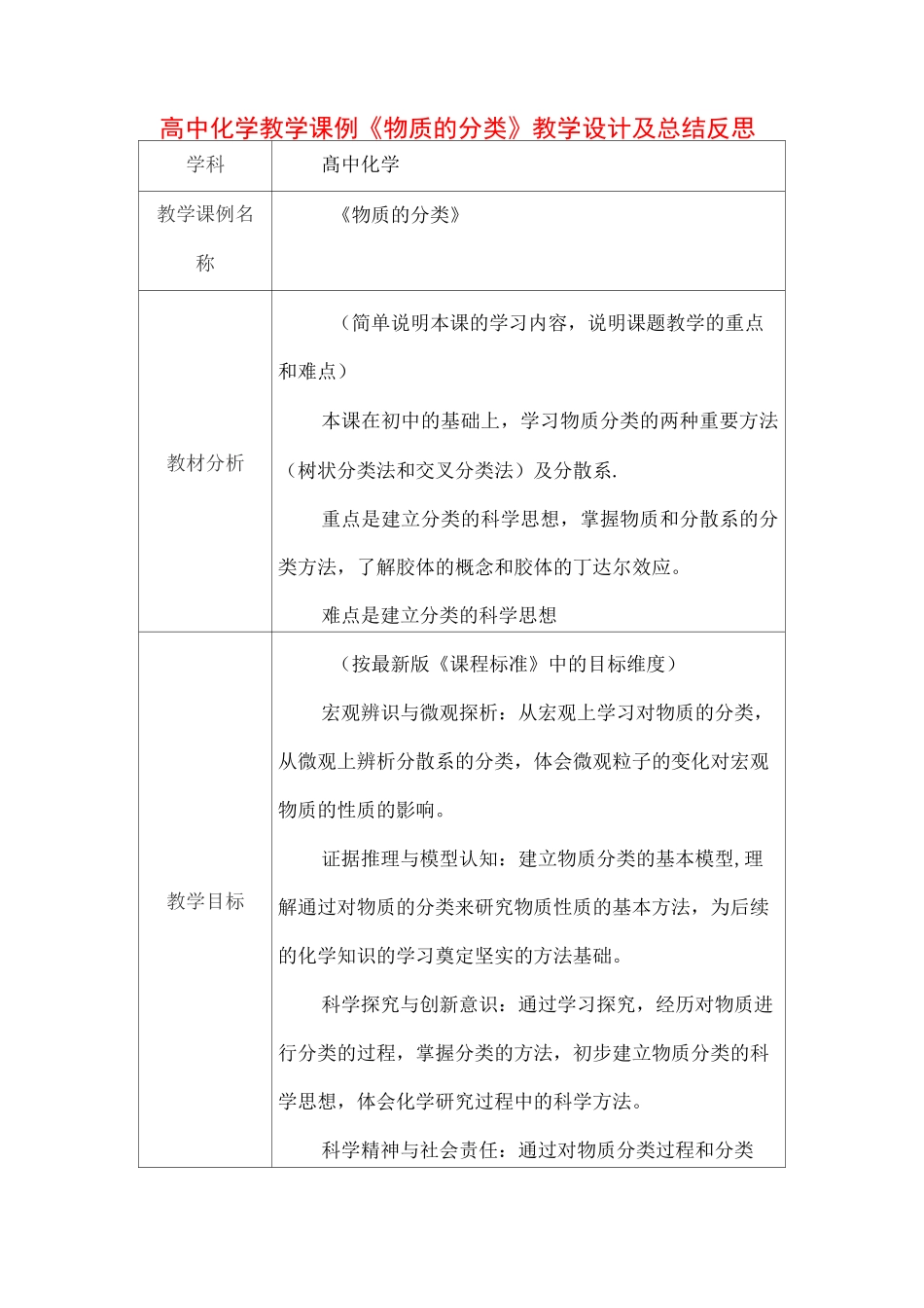 高中化学教学课例《物质的分类》课程思政核心素养教学设计及总结反思_第1页