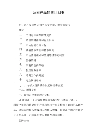 公司产品销售计划书
