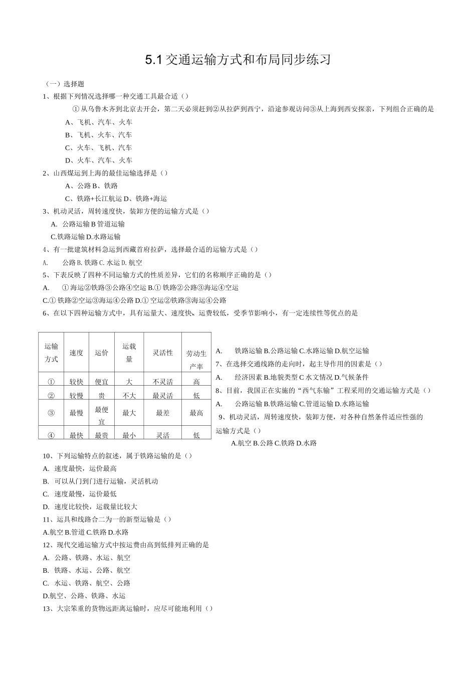 交通运输方式和布局 同步练习_第1页