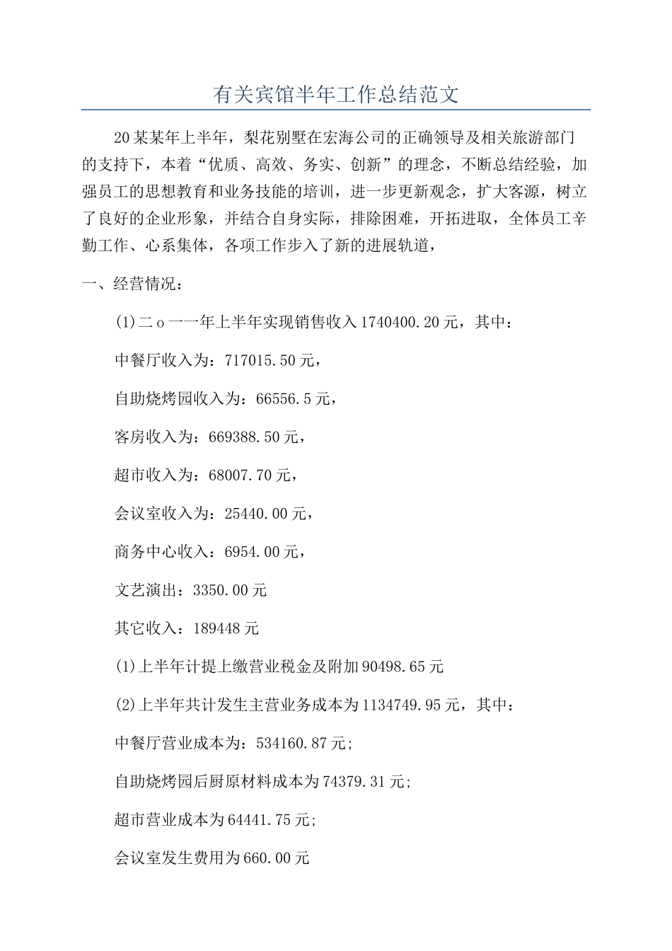 有关宾馆半年工作总结范文_第1页