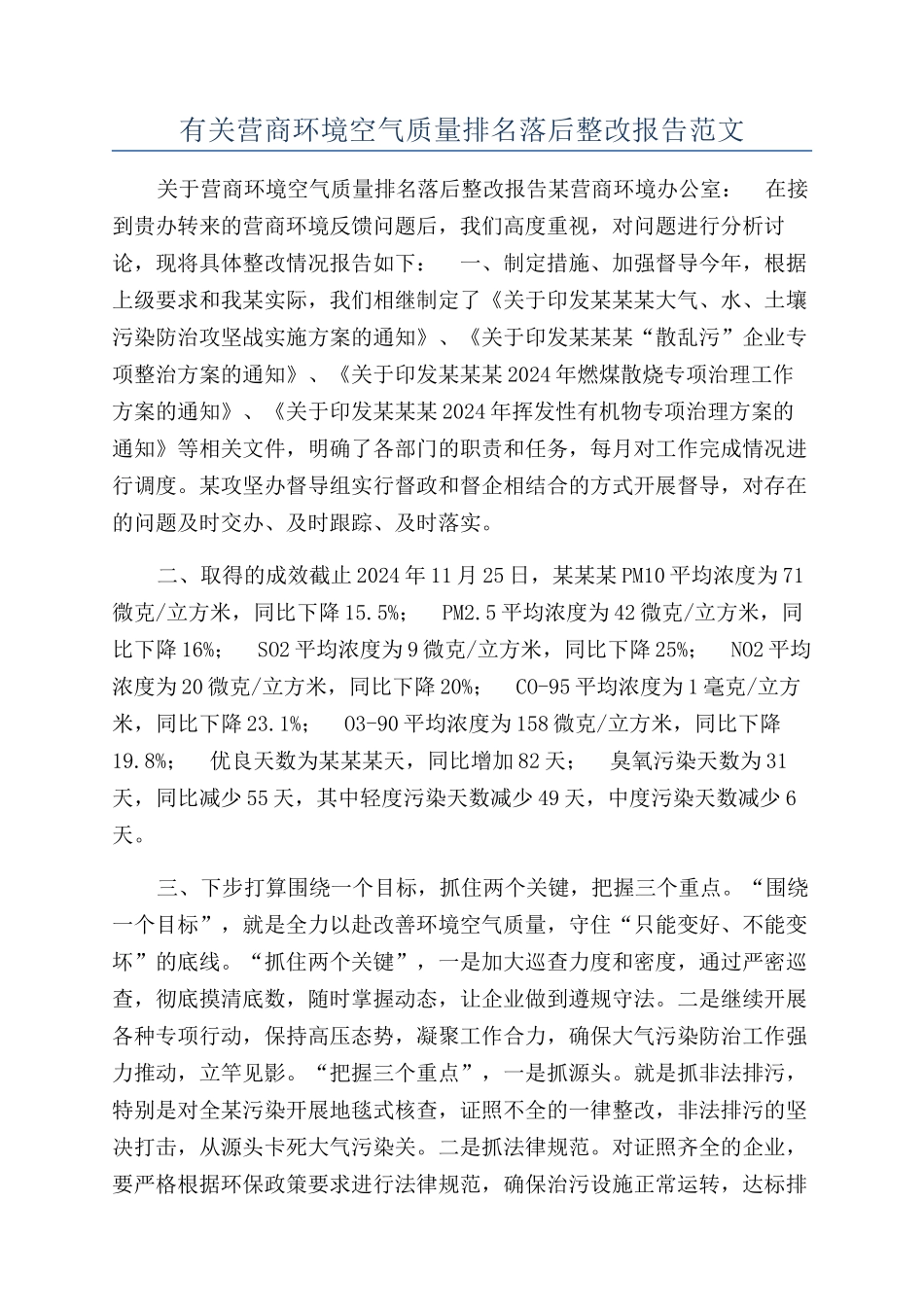 有关营商环境空气质量排名落后整改报告范文_第1页