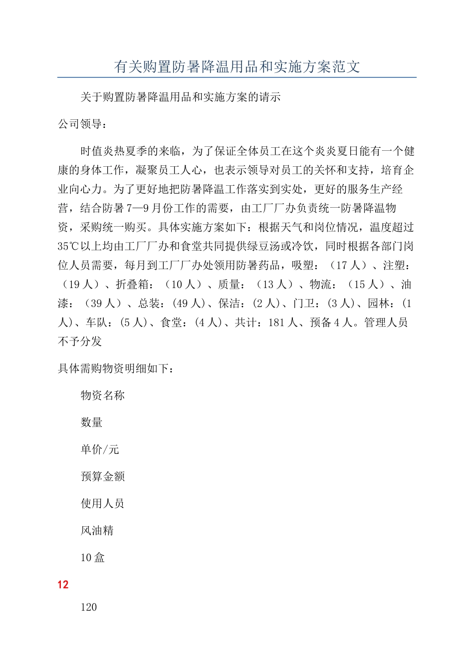 有关购置防暑降温用品和实施方案范文_第1页