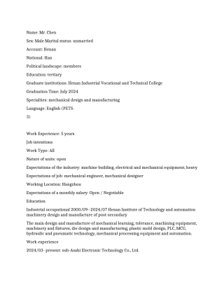 机械设计与制造个人英文简历写作样本
