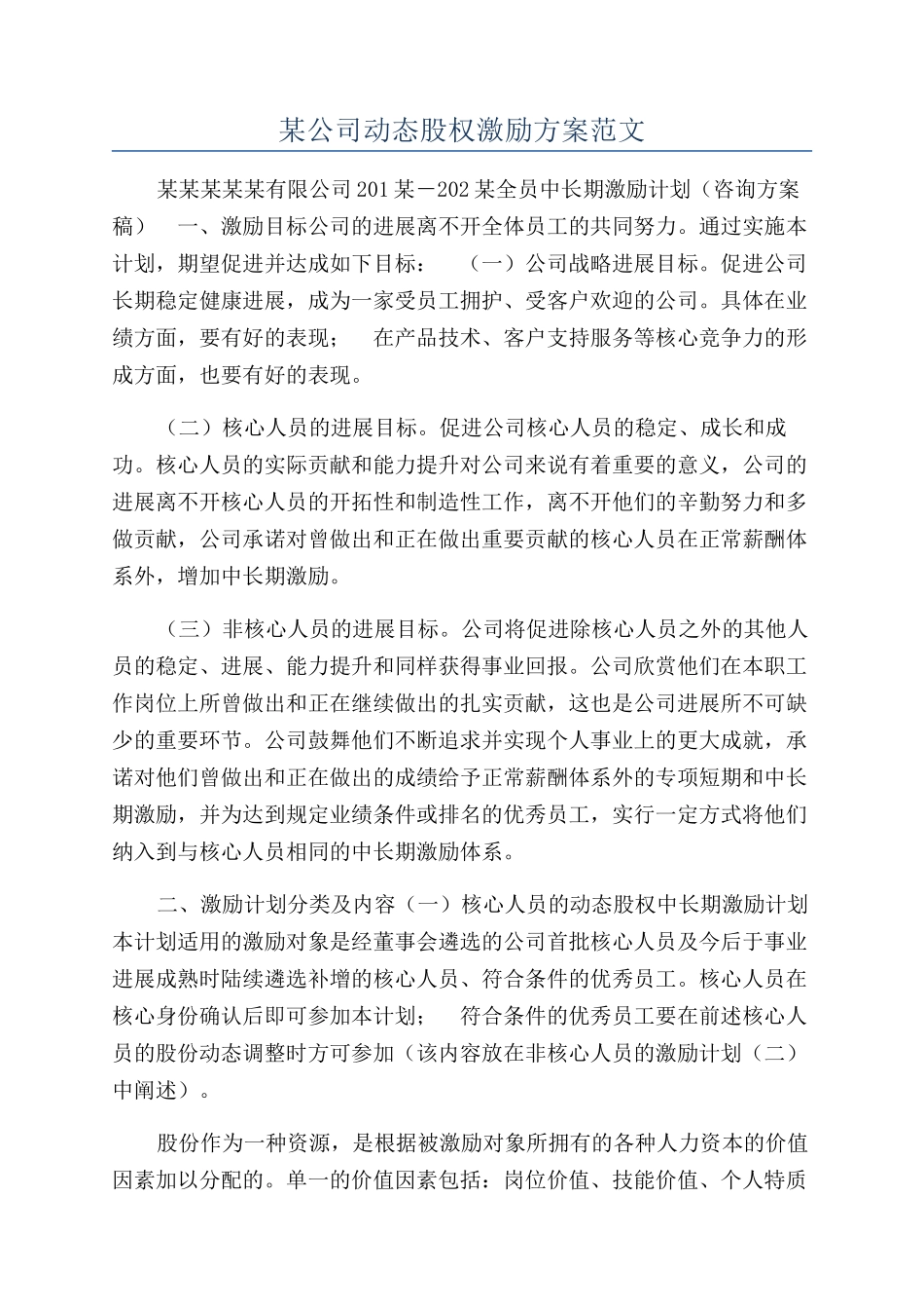 某公司动态股权激励方案范文_第1页