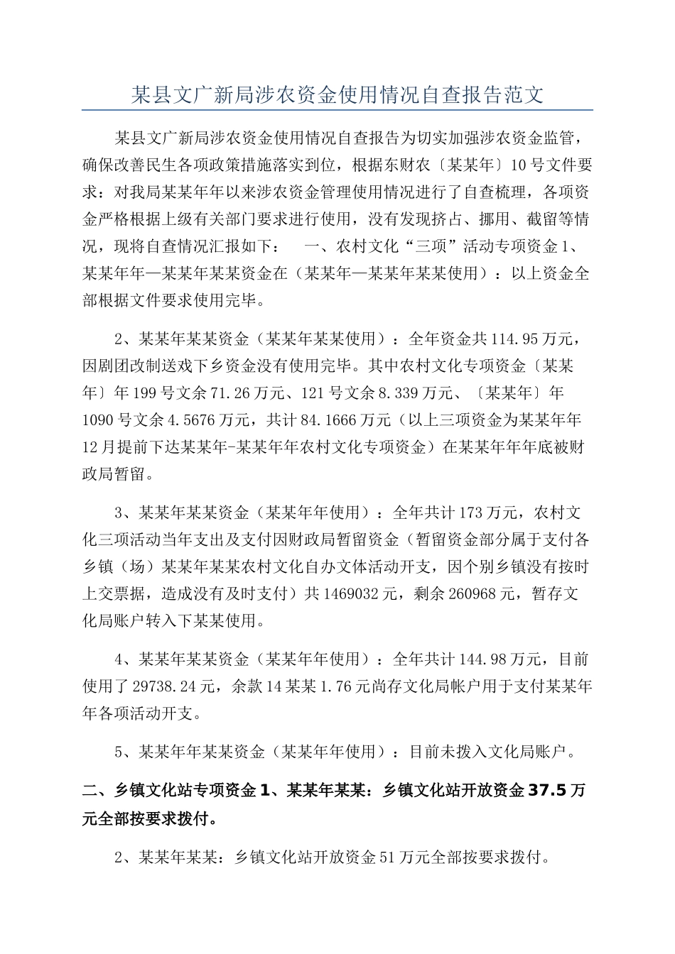 某县文广新局涉农资金使用情况自查报告范文_第1页