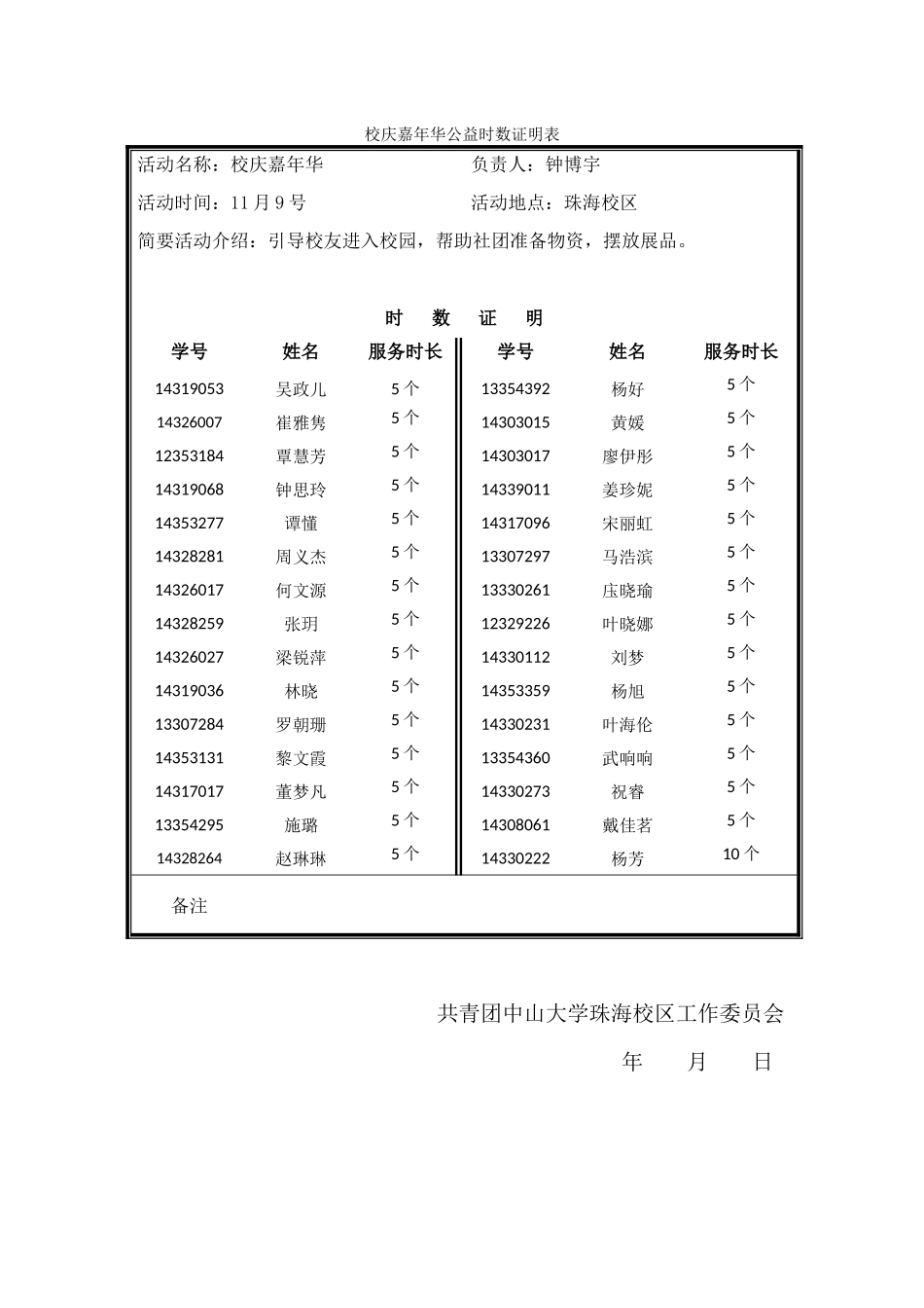 校庆嘉年华公益时数证明表2_第1页