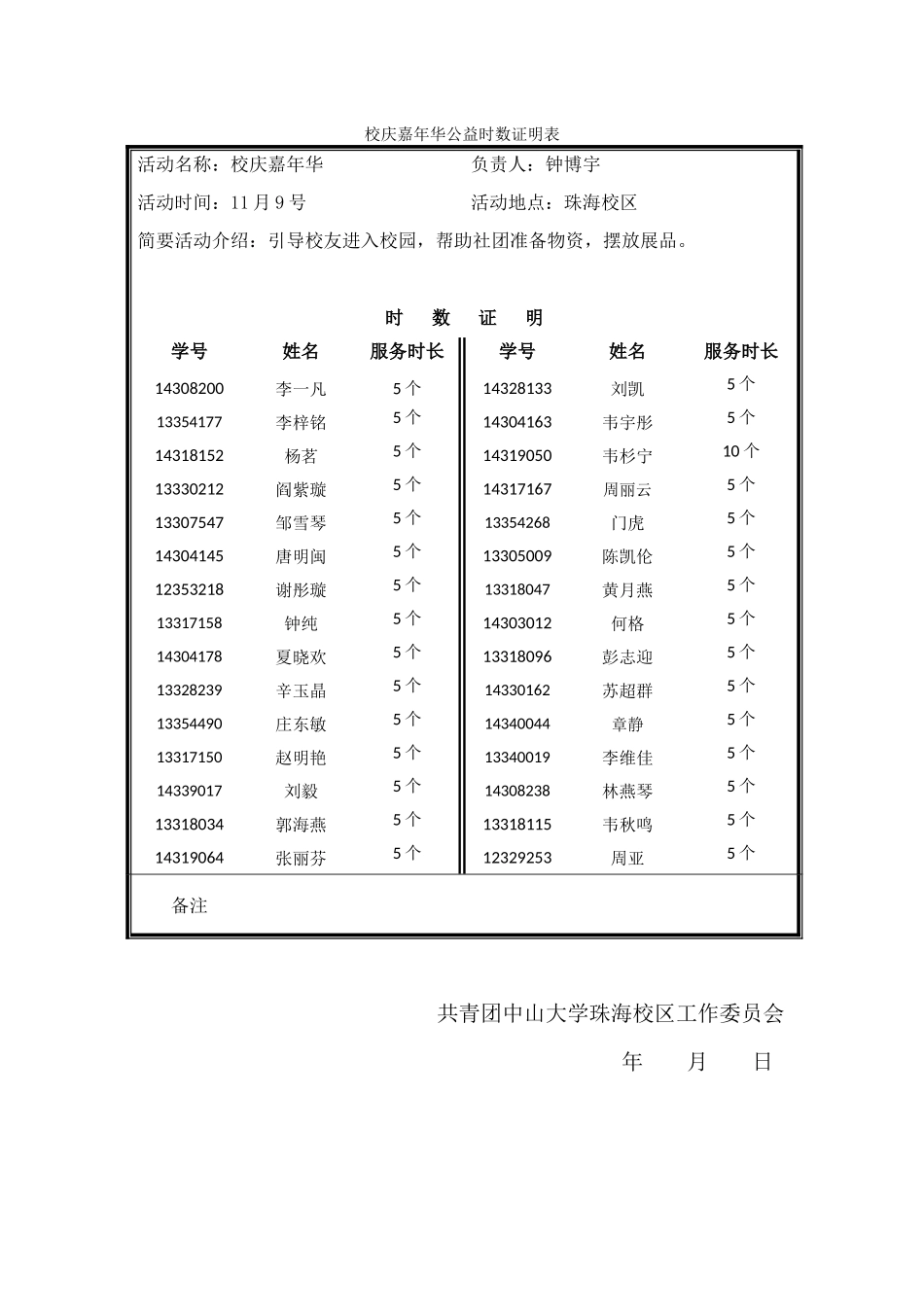 校庆嘉年华公益时数证明表1_第1页