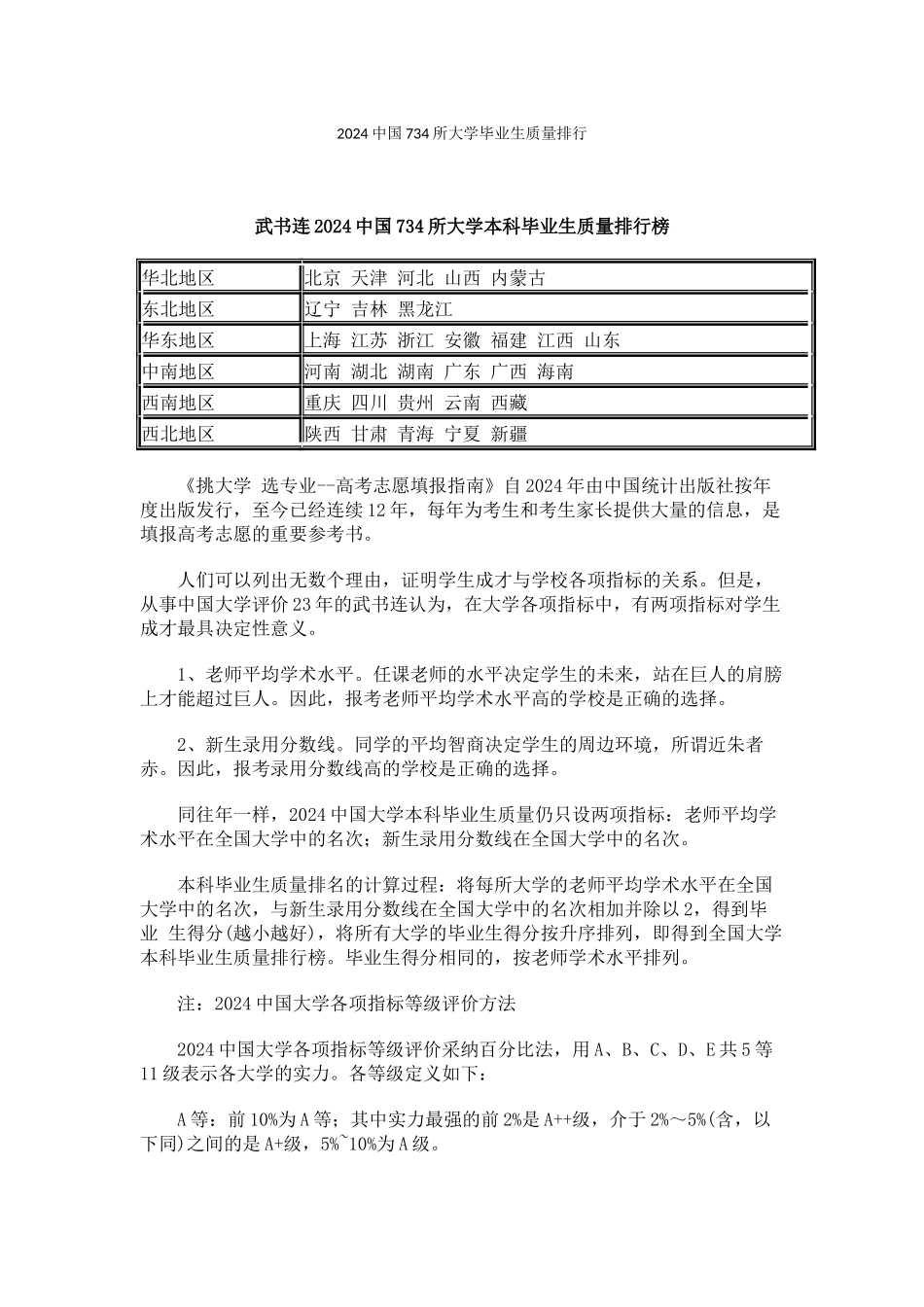 武书连2024中国734所大学毕业生质量排行_第1页