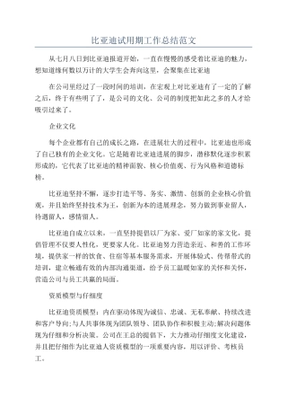 比亚迪试用期工作总结范文
