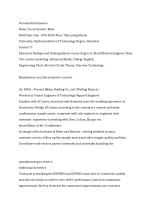 气工程及其自动化专业人员英文简历