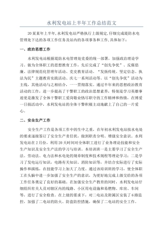 水利发电站上半年工作总结范文