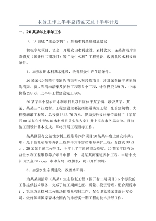 水务工作上半年总结范文及下半年计划