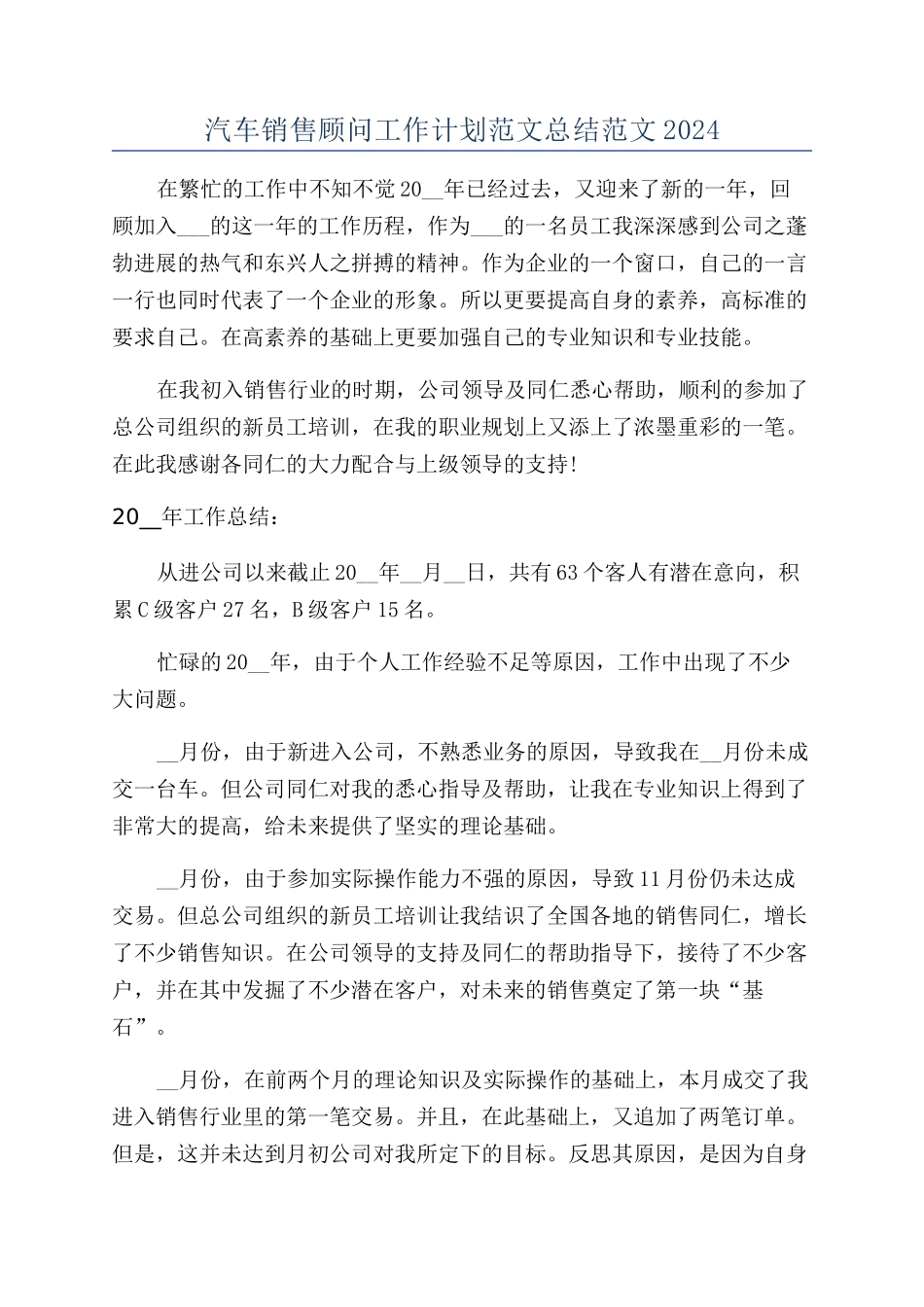 汽车销售顾问工作计划范文总结范文2024_第1页