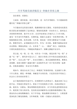 汽车驾驶员演讲稿范文-奔驰在青春之路