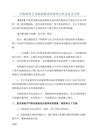 汽轮机转子及轴承震动的原因分析及安全分析
