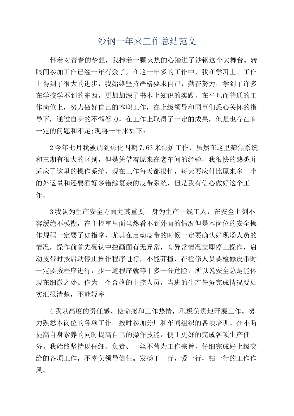 沙钢一年来工作总结范文_第1页