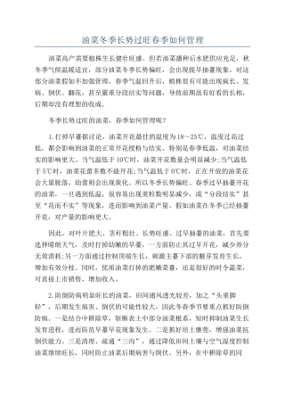 油菜冬季长势过旺春季如何管理