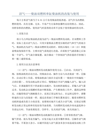 沼气——柴油双燃料单缸柴油机的改装与使用