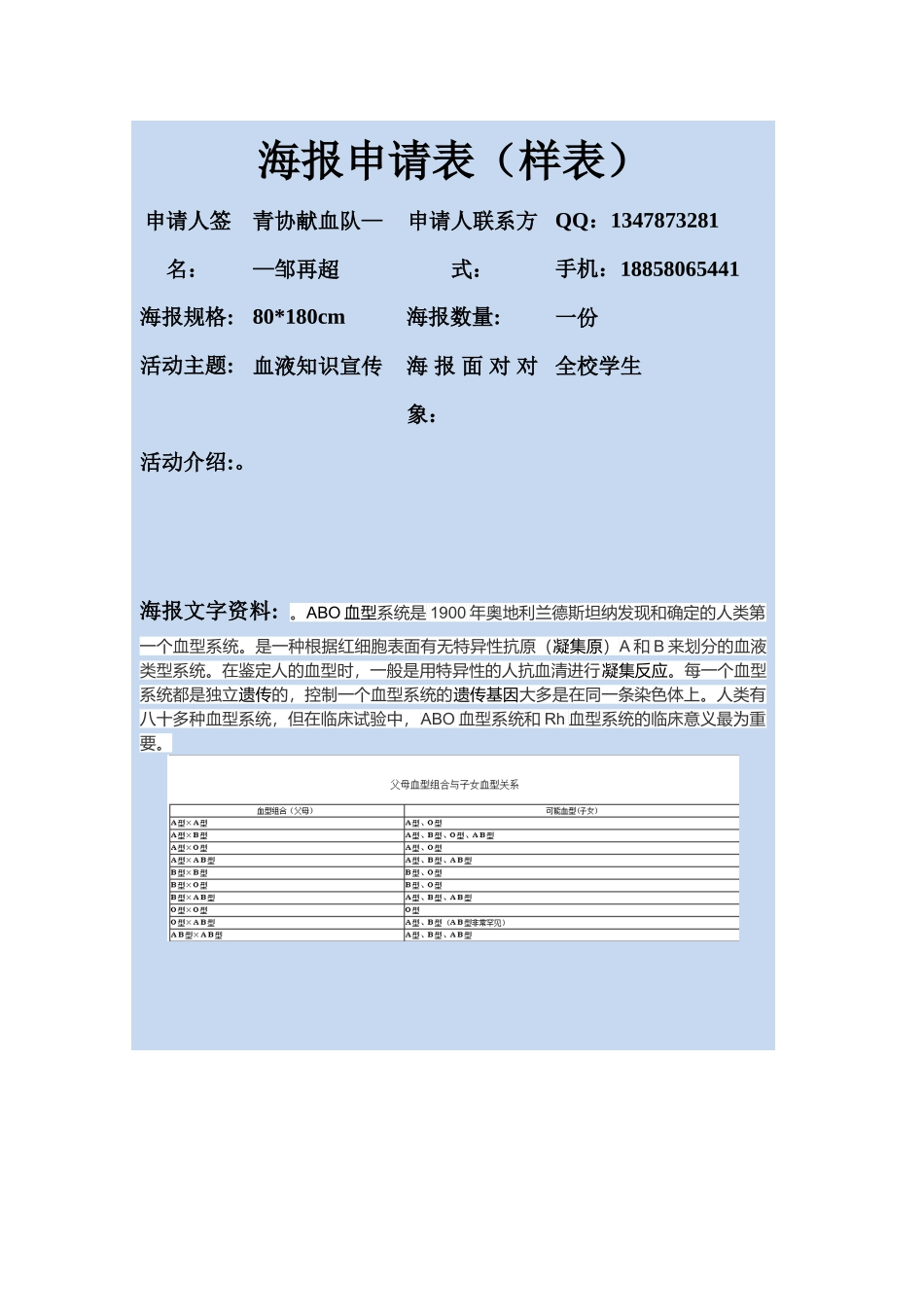 海报申请表—abo血型_第1页