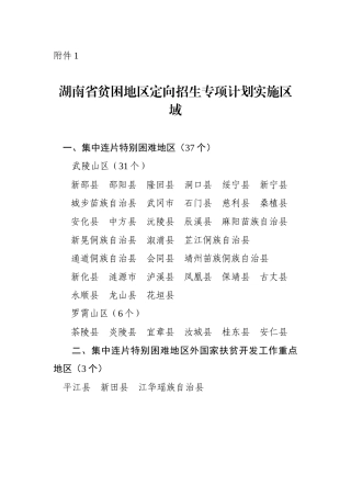 湖南省贫困地区定向招生专项计划实施区域