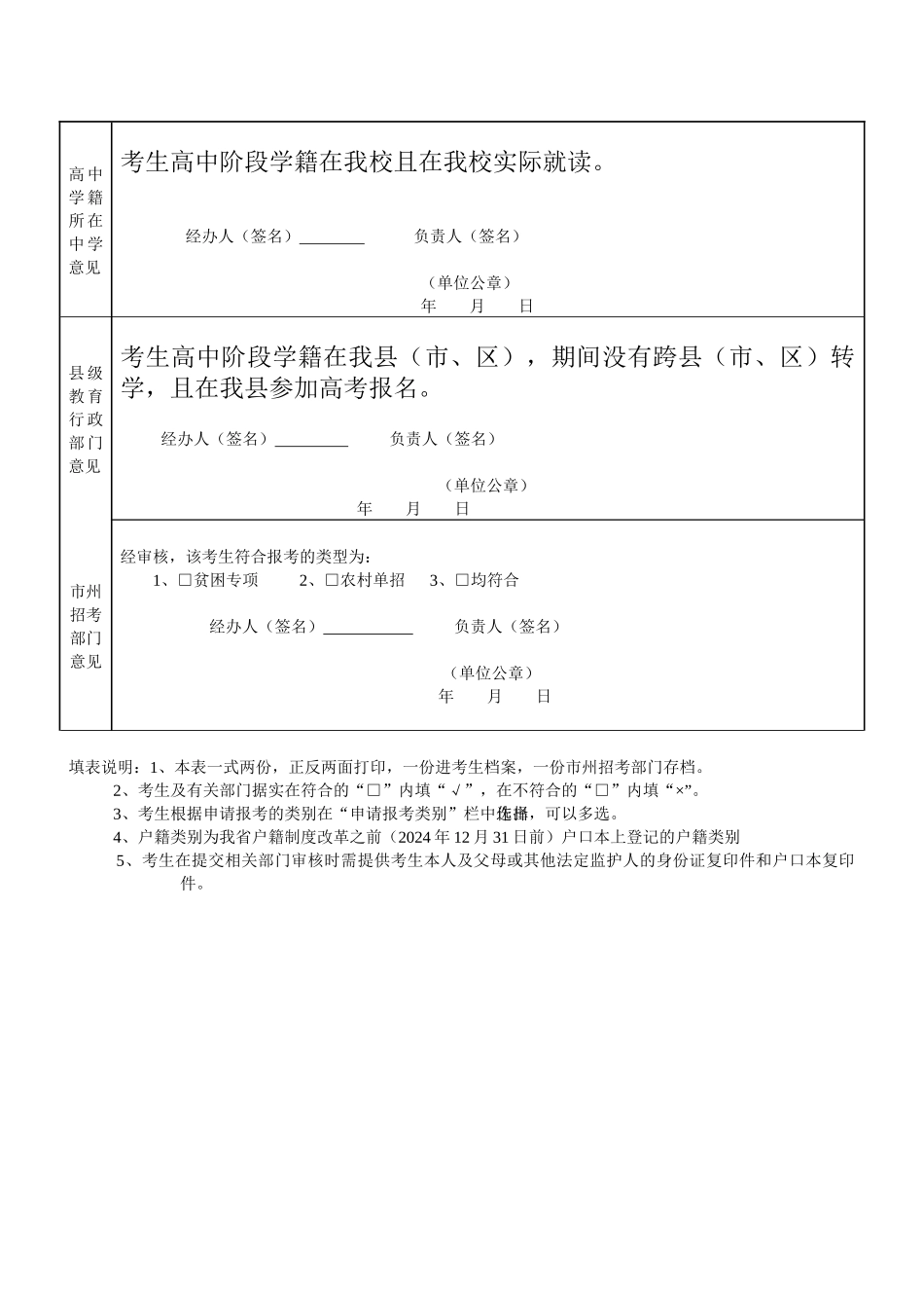 湖南省贫困地区定向招生农村学生单独招生报名资格审核表_第3页