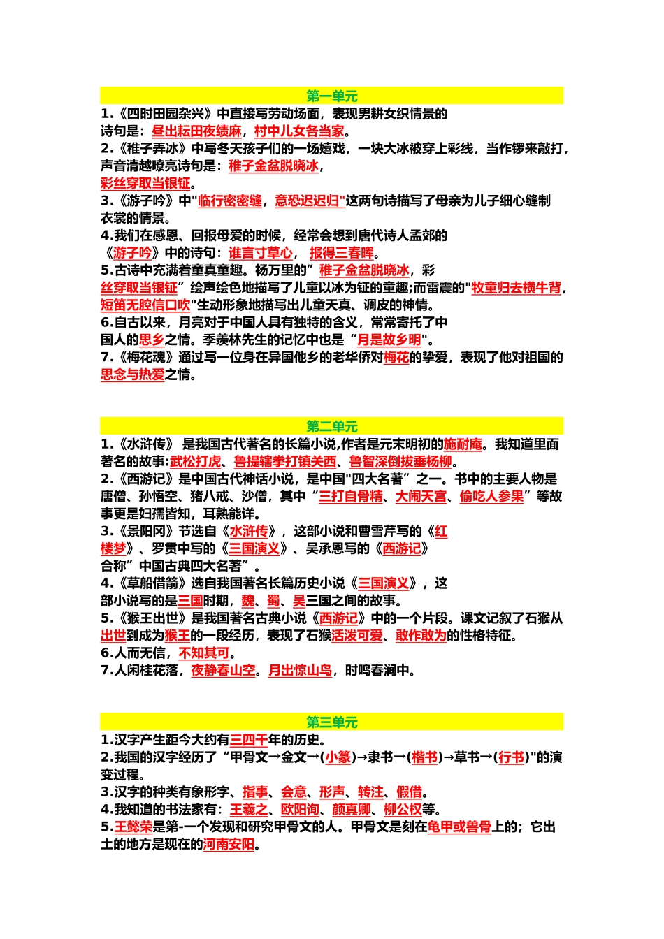 小学语文部编版五六年级语文下册1-4单元知识点_第1页