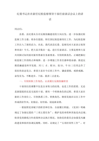 讲话稿：纪委书记在在新任纪检监察领导干部任前谈话会议上的讲话